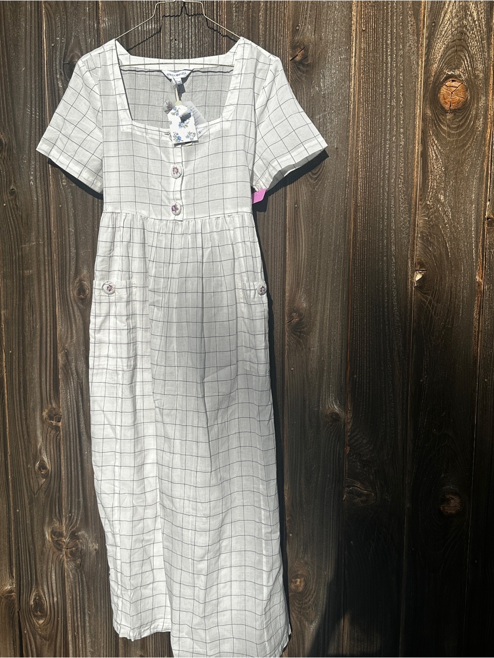 April Cornell White Grid Midi Dress with Button Front